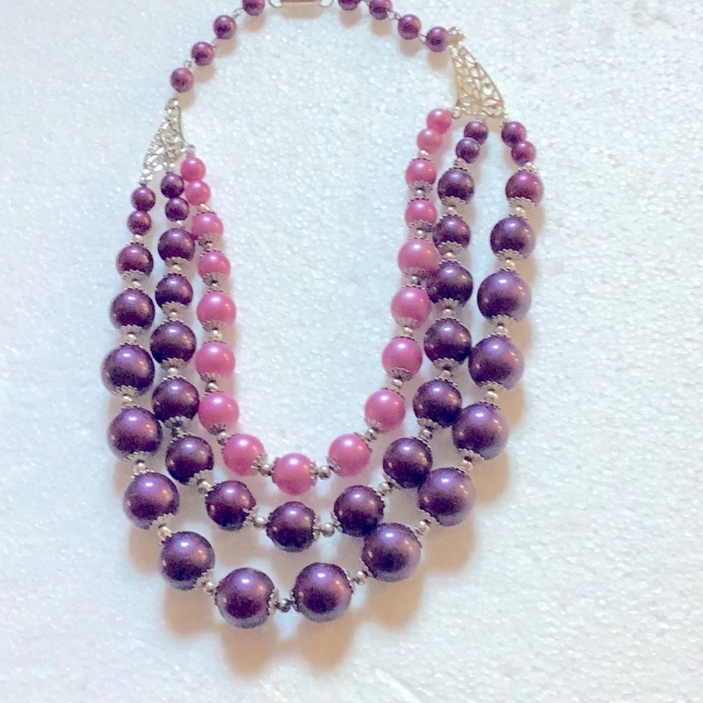 3 strand beaded necklace purple and pink
